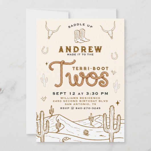 Cowboy 2nd Birthday Party Terri-Boot Twos Western 招待状 (正面)