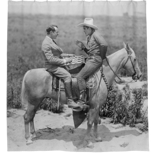 Cowboy and businessman playing checkers on horseba シャワーカーテン (正面)