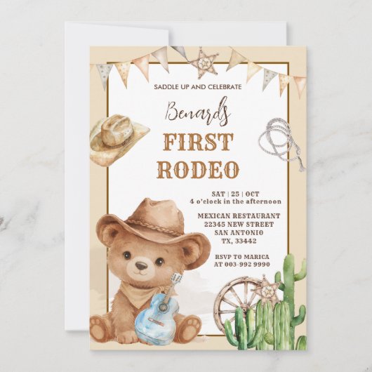 Cowboy Bear Western First Rodeo Birthday 招待状 (正面)