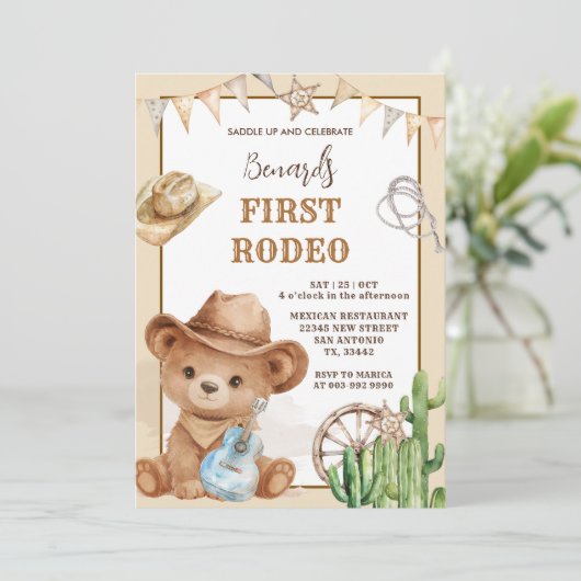 Cowboy Bear Western First Rodeo Birthday 招待状 (スタンド正面)