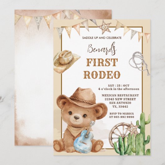 Cowboy Bear Western First Rodeo Birthday 招待状 (正面/裏面)