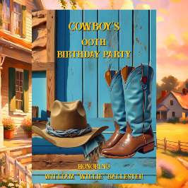 Cowboy Birthday Party Barn Boots Hat blue brown 招待状