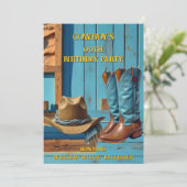 Cowboy Birthday Party Barn Boots Hat blue brown 招待状 (スタンド正面)