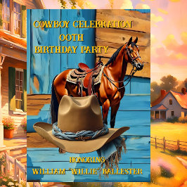 Cowboy Birthday Party Barn Horse Hat blue brown 招待状