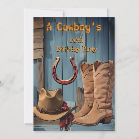 Cowboy Birthday Party Boots Hat Horseshoe 招待状 (正面)
