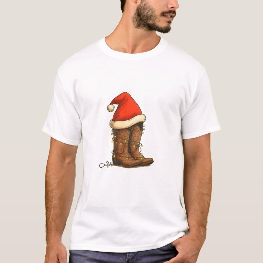 Cowboy Boots Christmas Western Santa Hat Tシャツ (正面)