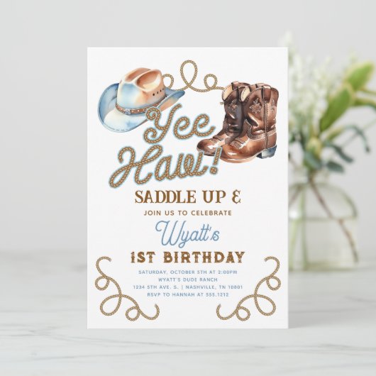 Cowboy Boots First Rodeo Birthday 招待状 (スタンド正面)