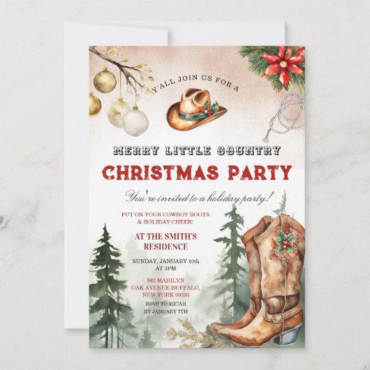 Cowboy Boots Merry Little Country Christmas Party 招待状 (正面)