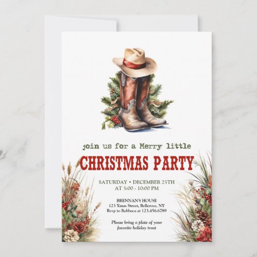 Cowboy Boots Red Green Christmas Invitation 招待状 (正面)
