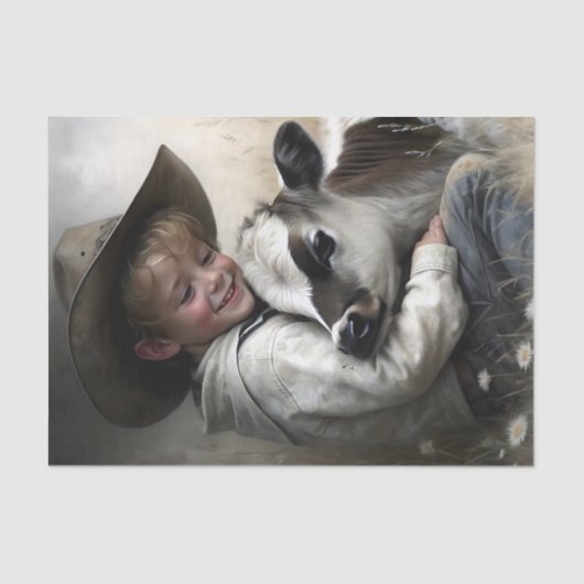 Cowboy Boy Hugging Calf Decoupage 薄葉紙 (正面)