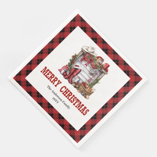 Cowboy Christmas napkins red black tartan design (コーナー)