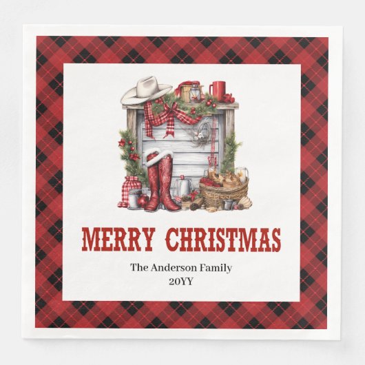 Cowboy Christmas napkins red black tartan design (正面)