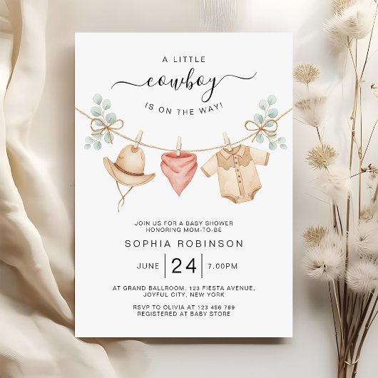 Cowboy Clothesline Wild West Boy Baby Shower 招待状