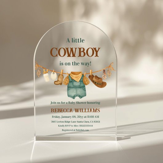Cowboy Cow Print Clothesline Western Baby Shower アクリル招待状