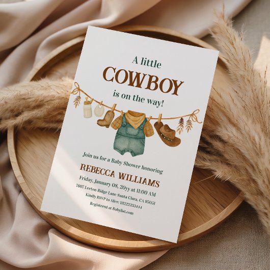 Cowboy Cow Print Western Clothesline Baby Shower 招待状