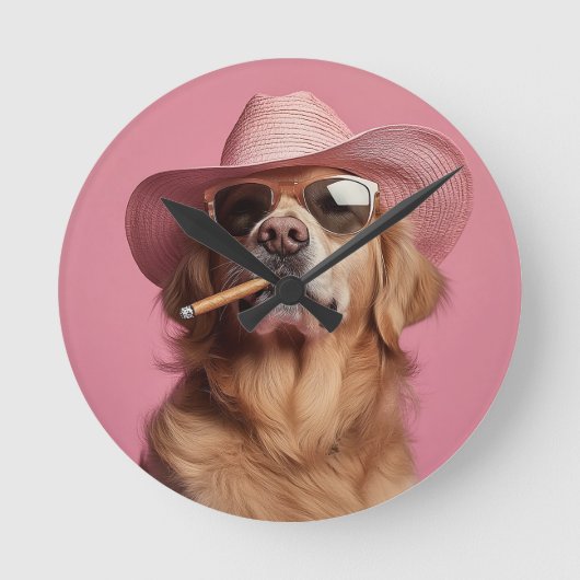 Cowboy Dog Wall Clock with Hat and Sunglasses - Hu ラウンド壁時計 (正面)