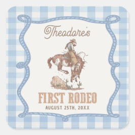 Cowboy First Rodeo Gingham Birthday  スクエアシール
