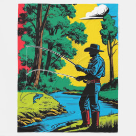 Cowboy Fisherman on Riverbank  Fleece Blanket フリースブランケット