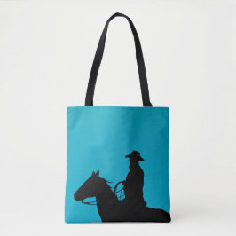 Cowboy & Horse Silhouette on Turquoise トートバッグ