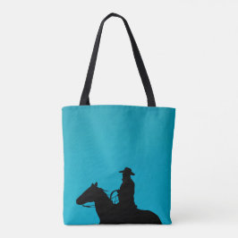 Cowboy & Horse Silhouette on Turquoise トートバッグ