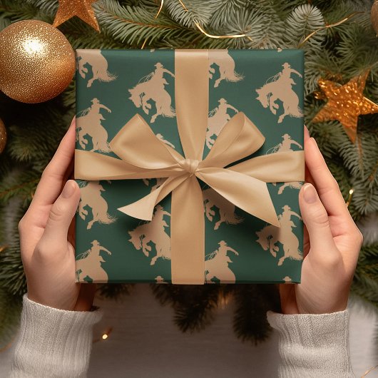 Cowboy Horse Western On Dark Green Christmas ラッピングペーパー