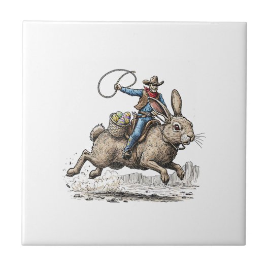 Cowboy Riding Easter Bunny Western Howdy Easter Fu タイル (正面)