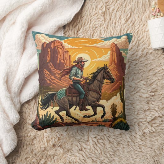Cowboy Riding Horse at Sunset クッション (ブランケット)