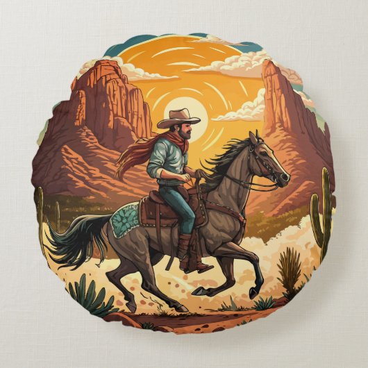 Cowboy Riding Horse at Sunset ラウンドクッション (正面)