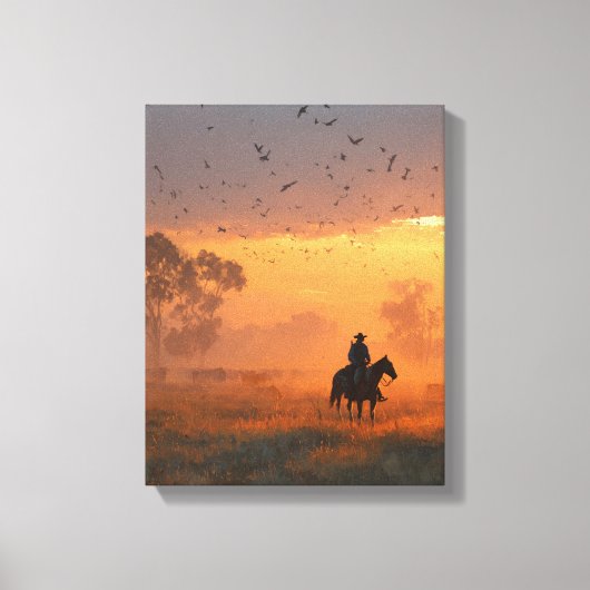 Cowboy Riding Into Fiery Sunset Art キャンバスプリント (正面)