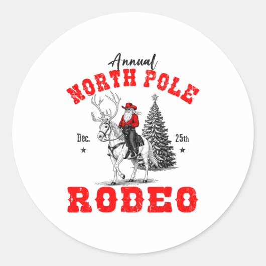 Cowboy Santa Riding Reindeer North Le Rodeo Christ ラウンドシール (正面)