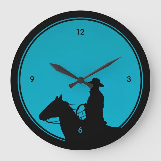 Cowboy Silhouette on Turquoise ラージ壁時計 (正面)
