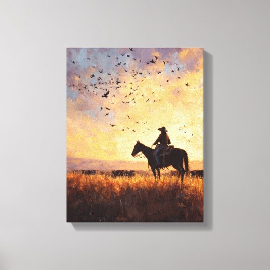 Cowboy Sunset Ride Silhouette Painting キャンバスプリント (正面)