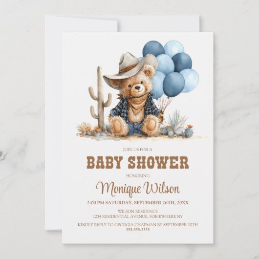 Cowboy Teddy Bear Baby Shower Invitation 招待状 (正面)