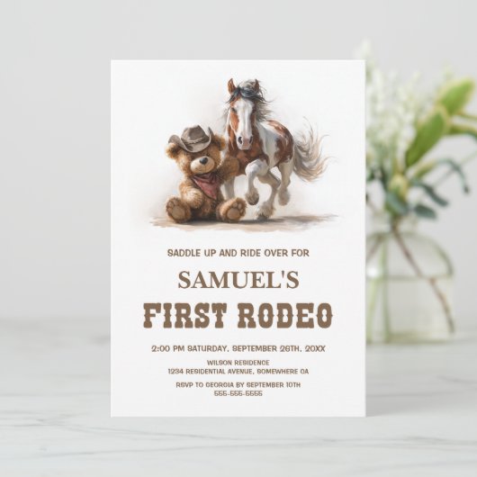 Cowboy Teddy Bear First Rodeo Birthday Party 招待状 (スタンド正面)