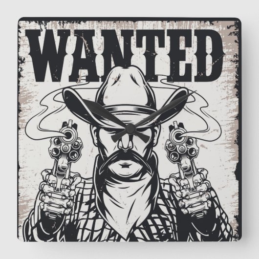 Cowboy Wanted Poster スクエア壁時計 (正面)
