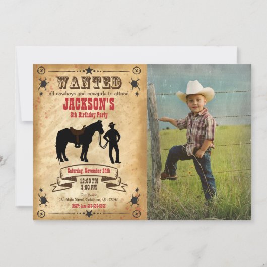 Cowboy Western Birthday Invitation / Wanted Poster 招待状 (正面)