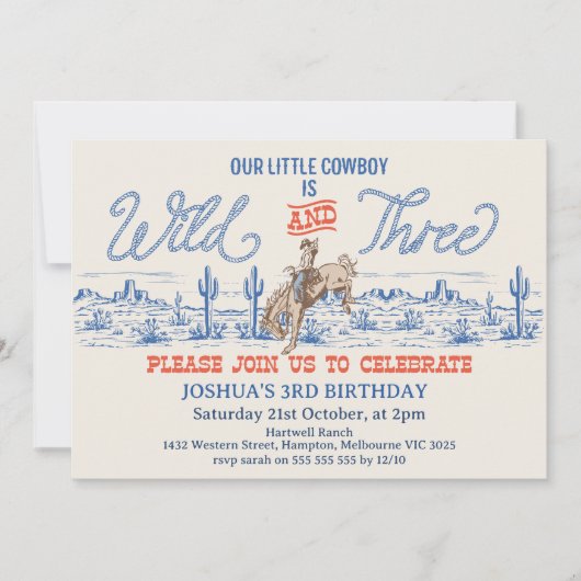 Cowby Blue Rodeo Wild and Three 3rd Birthday 招待状 (正面)