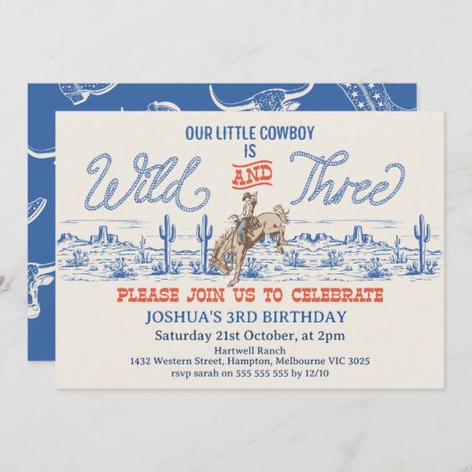 Cowby Blue Rodeo Wild and Three 3rd Birthday 招待状 (正面/裏面)