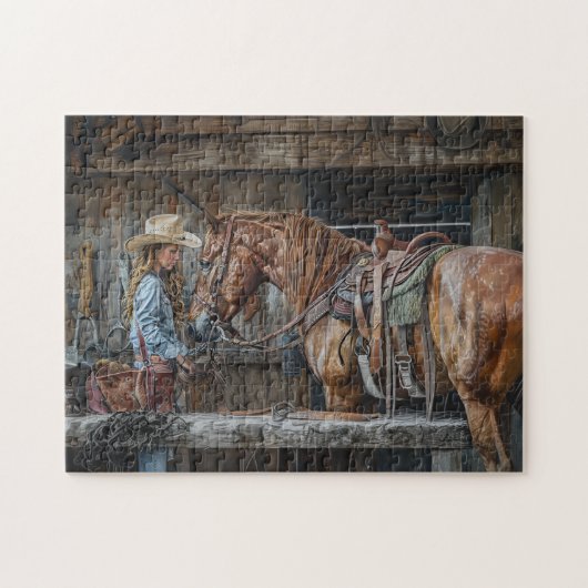 Cowgirl and Horse Rustic Western Ranch ジグソーパズル (横)
