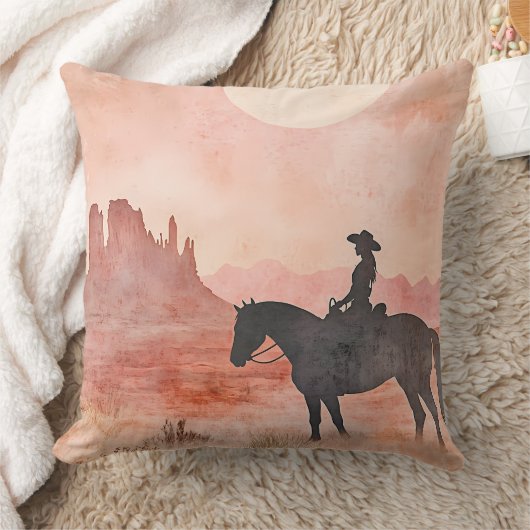Cowgirl and Horse Southwestern Sunset Silhouette クッション (ブランケット)