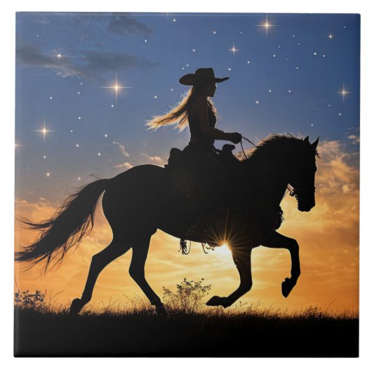 Cowgirl and Horse Sunset Fantasy Country Western タイル (正面)
