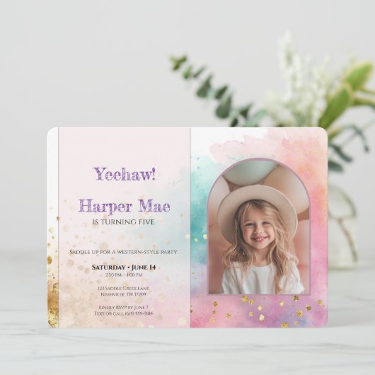 Cowgirl Birthday Invitation | Pink Western Party 招待状 (スタンド正面)