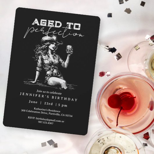 Cowgirl Black Aged to Perfection Birthday Party 招待状