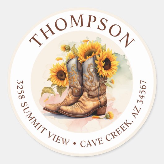 Cowgirl Boots With Sunflowers Return Address Label ラウンドシール (正面)