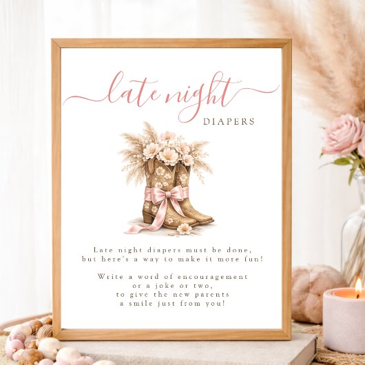 Cowgirl Bow Western Baby Shower Late Night Diapers ポスター