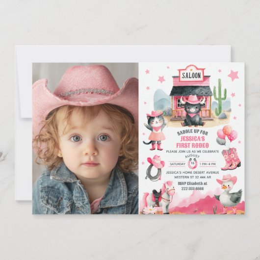 Cowgirl First Rodeo Pink Western Photo Birthday 招待状 (正面)