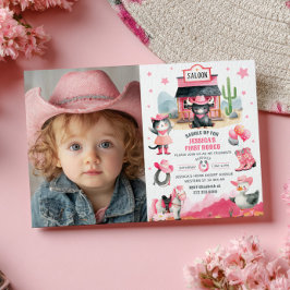 Cowgirl First Rodeo Pink Western Photo Birthday 招待状