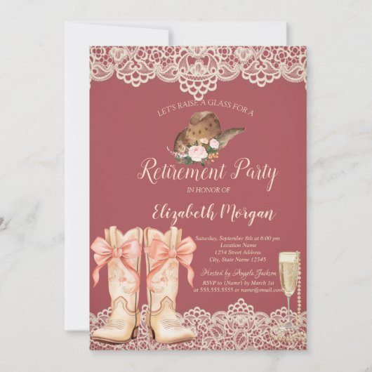 Cowgirl Hat Boots Lace Retirement Invitation 招待状 (正面)