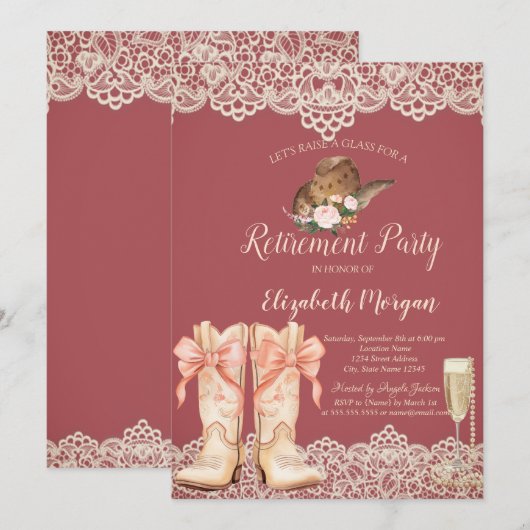 Cowgirl Hat Boots Lace Retirement Invitation 招待状 (正面/裏面)
