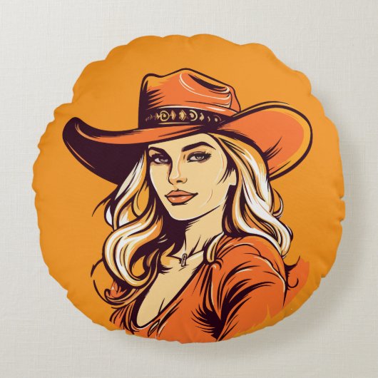 Cowgirl Hat Woman Illustration ラウンドクッション (正面)